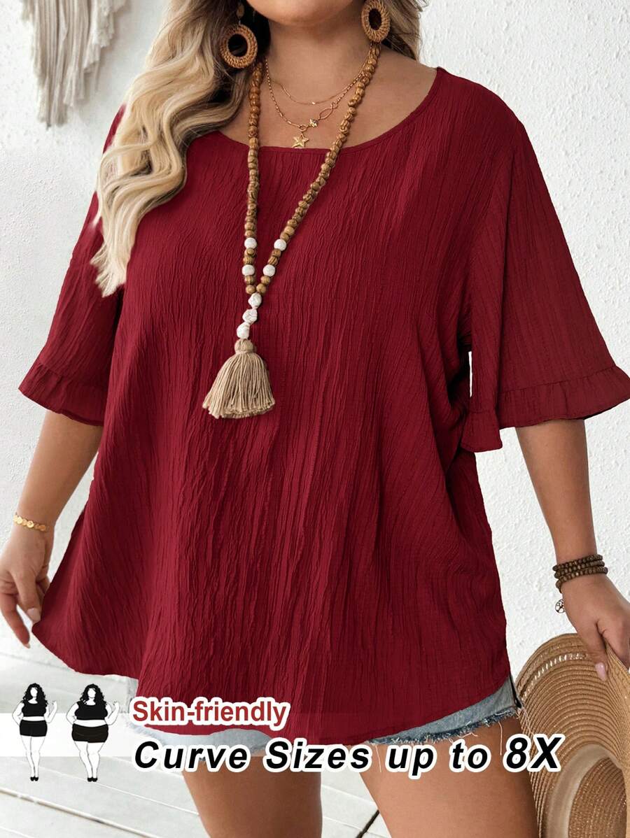 SHEIN CURVE+ Áo sơ mi nữ cổ tròn tay ngắn dáng rộng màu trơn mùa hè cỡ lớn, mặc đi biển/du lịch/nghỉ dưỡng/đi biển - Màu Đỏ Sâu - Xem 1