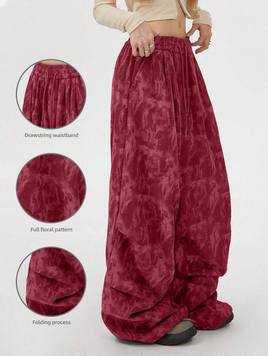 SHEIN EZwear Women's Pleated Loose Fit Corduroy Pants With Graphic Print - Red - View 1
