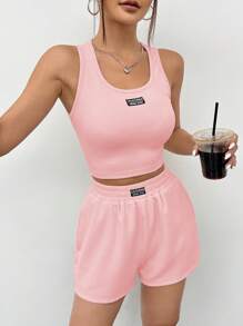 SHEIN EZwear 女士休闲运动日常通勤浅粉色字母印花露脐背心和短裤套装，夏季 - 淺粉色 - 查看 4
