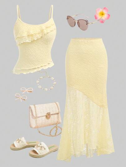 SHEIN Girlism Tween Girls Casual & Comfy Asymmetrical Hem Tank Top & Fish Tail Hem Skirt 2-Piece Set