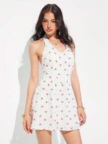 Roylia Fashionable Textured Cherry Print V-Neck Camisole Romper - White - View 6