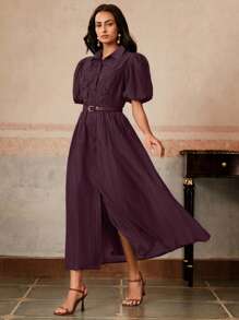 Anewsta فستان أنيق بتصميم رقعي بنقشة الزهور مع كشكشة في الأسفل وخصر مخصر، باللون البنفسجي، مناسب للعطلات والحفلات والمناسبات، للربيع والصيف - الأرجواني - مشاهدة 3