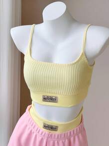 Comfortcana 女士休闲街头时尚字母印花短款上衣和二合一短裤套装，夏季字母印花背心和撞色拼接长裤，奶油黄和粉色，可爱的衣服 - 彩色 - 查看 5