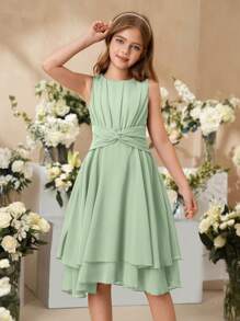 SHEIN 女孩优雅紫色无袖中长连衣裙，适合派对、节日、婚礼、生日、表演等场合 - 綠色 - 查看 3