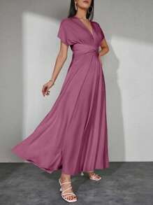 EURMUSE Women's Solid Color Asymmetrical Neck Fashion Summer Dress - Dusty Pink - View 5