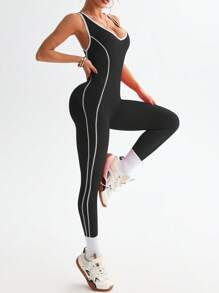 Dewbera 1 bộ đồ liền thân tập yoga màu tương phản dài 7/8 thắt nút xoắn - Đen và trắng - Xem 3