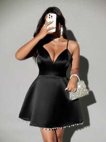 Viva Relle Plus Size Woven Elegant Mini Dress With Pearl Strap - Black - View 2