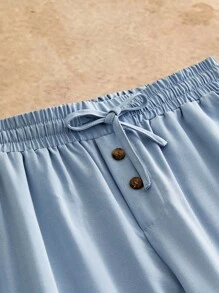 Manfinity VCAY Men's Casual Blue Linen Drawstring Waist Long Pants, Suitable For Summer - Baby Blue - View 4