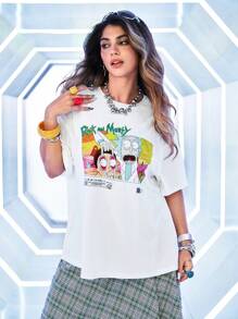Rick and Morty X SHEIN 夏季大码卡通图案圆领短袖T恤 - 白色 - 查看 1