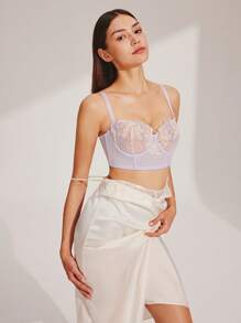 LUVLETTE 女人刺绣优雅内衣透气半罩杯文胸钢圈性感无衬里网眼蕾丝紫色束身衣缩小长线文胸新娘内衣 - 紫色 - 查看 12