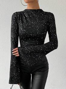 Vavine Women's Autumn Long Sleeve Flared Cuff High Neck Metallic Silver Ruched Asymmetric T-Shirt Women Tops For Spring Fall - Black - View 8