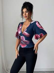Roylia Women's Floral Print Fitted Sexy Elegant Knit T-Shirt