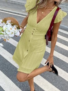 SHEIN Frenchy 女士时尚度假休闲纯色V领短款连衣裙 - 芥末黃 - 查看 4