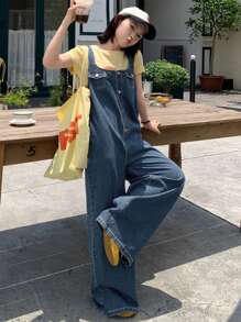 DAZY Women's Casual Washed Loose Korean Style Denim Bib Pants And Jumpsuit, Summer,Back To School Clothes - Blue - View 3