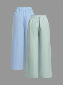 SHEIN EZwear 2件套夏季粉彩色条纹宽松休闲裤，女士夏季套装，阔腿裤，抽绳腰阔腿裤，条纹阔腿裤，夏季套装，女士裤子，夏季裤装，女士轻薄裤，女士轻薄夏季裤，女士裤子 - 彩色 - 查看 2