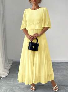 Elenzga Vestido plisado elegante de gasa de unicolor, adecuado para primavera y verano, talla grande - Amarillo - Ver 5