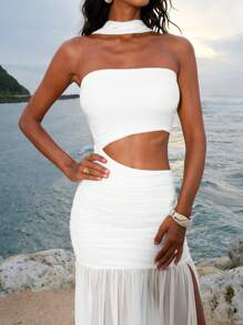 Solid Color Knit Cutout Design Fitted Slit Dress For Women - White - View 6