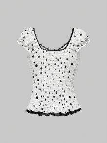 ROMWE J-Fashion Blouse femme à manches bouffantes avec taille froncée, ourlet à volants, style patchwork à pois Y2K