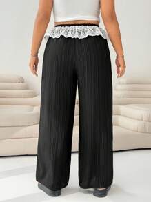 SHEIN EZwear Plus Size Elastic Waist Lace Patchwork Straight Leg Casual Pants - Black - View 2