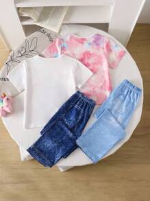 2pcs/Set Young Girls Fashion Casual Unicorn Print Short Sleeve Crew Neck T-Shirt + Print Denim Look Pants Set, 2 Colors - Multicolor - View 2