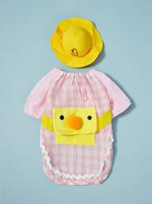 PETSIN Mochila de mascota diseño de pato a cuadros rosa de estilo campista lindo + sombrero, Conjunto de ropa de mascota cachorro de dibujos animados para primavera, verano y otoño - Multicolor - Ver 2