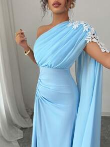 Rafferiza Women's Elegant Ruched One Shoulder Ruched Applique Decorated Dress - Baby Blue - View 1