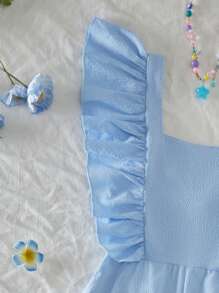 Girls Ruffled Strap Backless Bow Jumpsuit, Comfortable Textured Fabric Leisure Beachwear - Blue - View 3