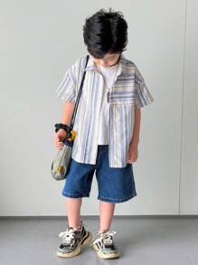 SHEIN Little Byeori 男童休闲条纹短袖衬衫 - 藍白色 - 查看 2