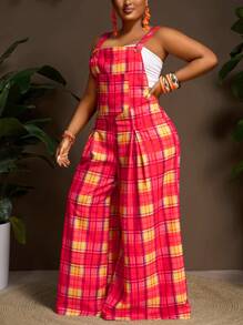 Slaydiva Plus Size Women Casual & Sweet Loose Belted Wide Leg Jumpsuit - B