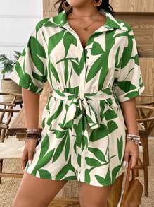 SHEIN LUNE Große Größen Jumpsuit für Damen, lässig, gewebt, mit Bindetaille, Muster, locker geschnitten, Mehrfarbig, Sommer - Verschiedenfarbig - View 7