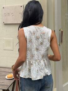 SHEIN Frenchy 女士夏季V领刺绣无袖花卉提花纹理前中系带休闲衬衫，适合夏季度假穿着 - 彩色 - 查看 2