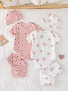 SHEIN 6件套新生女婴可爱心形和波尔卡圆点图案圆领短袖连体衣+裤子+帽子针织柔软亲肤睡衣套装 - 粉色 - 查看 2