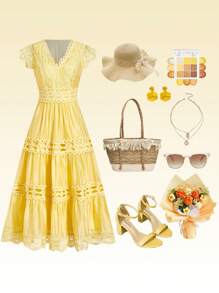 Ellevyn V 领蕾丝拼布扇形饰边，荷叶边腰部和喇叭袖，黄色优雅夏季海滩度假休闲连衣裙 - 黃色 - 查看 1