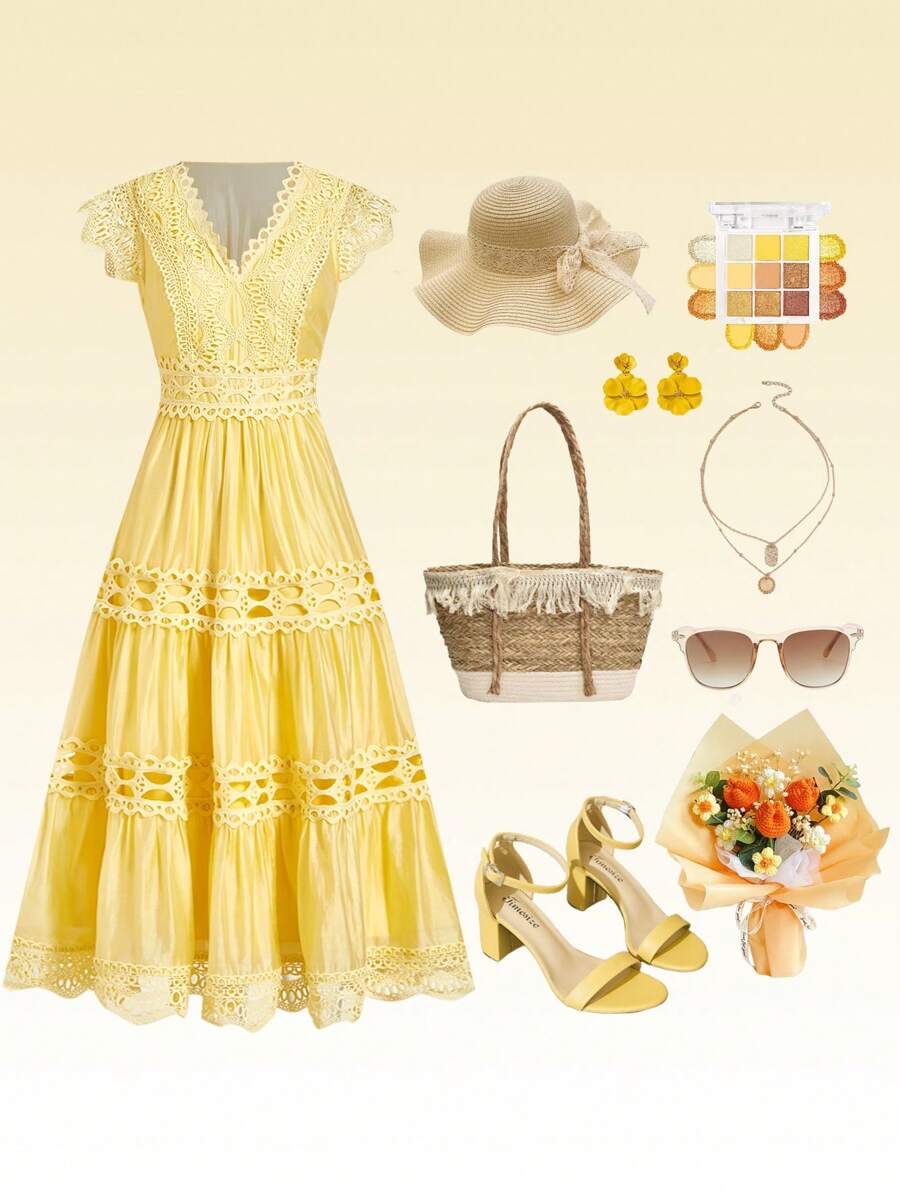 Ellevyn V 领蕾丝拼布扇形饰边，荷叶边腰部和喇叭袖，黄色优雅夏季海滩度假休闲连衣裙 - 黃色 - 查看 1