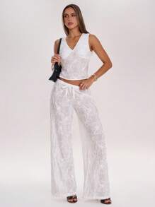 SHEIN BAE Women's Floral Jacquard Tie Waist Palazzo Loose Pants - White - View 7