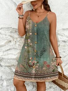 SHEIN VCAY 大码女式花卉印花细肩带夏季连衣裙，适合度假 - 綠色 - 查看 5