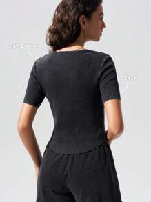 Menodora SHEIN Sport Cloudkiss 95%Cotton Women's Casual Knit Front Zip Short Sleeve Fitted T-Shirt - Dark Grey - View 3