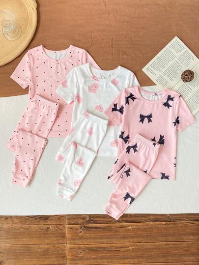 6 delar/set pyjamasset för unga flickor, kortärmad t-shirt och leggings, bekväma loungekläder med åtsittande passform, lämpliga för nattkläder eller vardagskläder inomhus, minimalistisk design, lätta att matcha, maskintvättbara (2 set säljs separat)