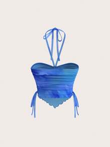 SHEIN ICON 女式夏季外出度假海滩夏威夷可爱蓝绿色花卉印花时尚挂脖扎染印花网眼背心 - 藍色 - 查看 7