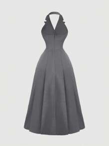 SHEIN MOD Halter Stand Collar Ruched Beaded Decor Grey Midi Dress,Old Money Style,Vintage, Elegant,Preppy Style Uniform Dress - Light Grey - View 2