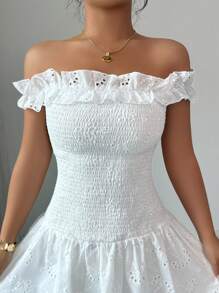 SHEIN Clasi Women's Elegant Romantic Round Neck Ruched A-Line Dress With Cape Poncho - White - View 5