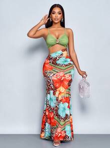 SOLERSUN Women's Summer Vacation Style Leopard Flowers Tropical Print Ruched Waist Cut Out Mermaid Maxi Dress (Random Floral) - Orange - View 6