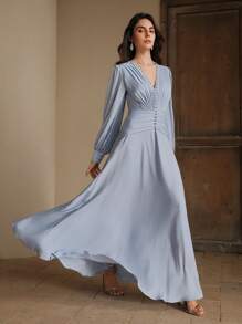 Anewsta Fashionable & Elegant V-Neck Ruched Waist Mini Dress For Women, Slimming, Spring/Summer - Baby Blue - View 3