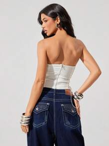 Denimoi Y2K Washed Denim Lace Up Corset Top - White - View 4