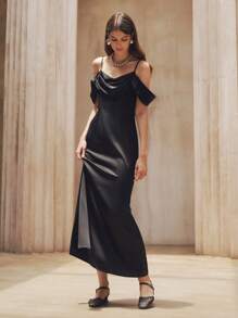 Chiquease 露肩褶皱领口收腰美人鱼下摆优雅鸡尾酒礼服，适合海滩和休闲场合