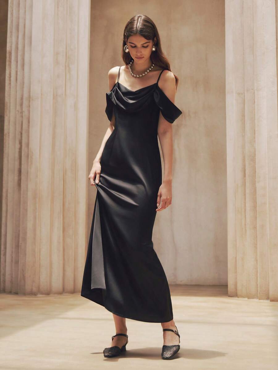 Chiquease 露肩褶皱领口收腰美人鱼下摆优雅鸡尾酒礼服，适合海滩和休闲场合