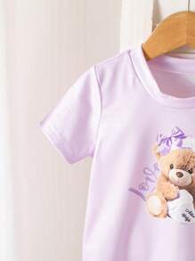 SHEIN 2件組女嬰幼兒新生兒0-3歲休閒可愛熊圖案短袖T恤與長褲套裝，春/夏 - 紫色 - 查看 5