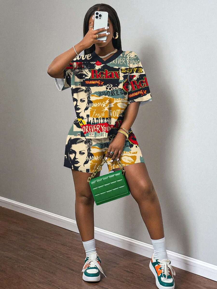 Slaydiva 2pcs 2025 Spring/Summer Jersey Casual Outfit, Retro Poster Print Women's Set - Multicolor - View 1