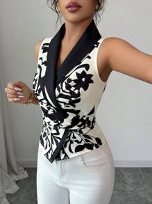 Elenzga Women's Floral Print Color Block Sleeveless Shirt With Collar, Fashionable For Vacation - Multicolor - View 3