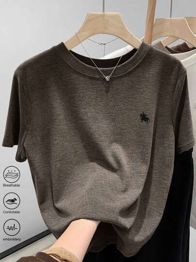 SHEIN Women's Regular Round Neck Short Sleeve Embroidered T-Shirt